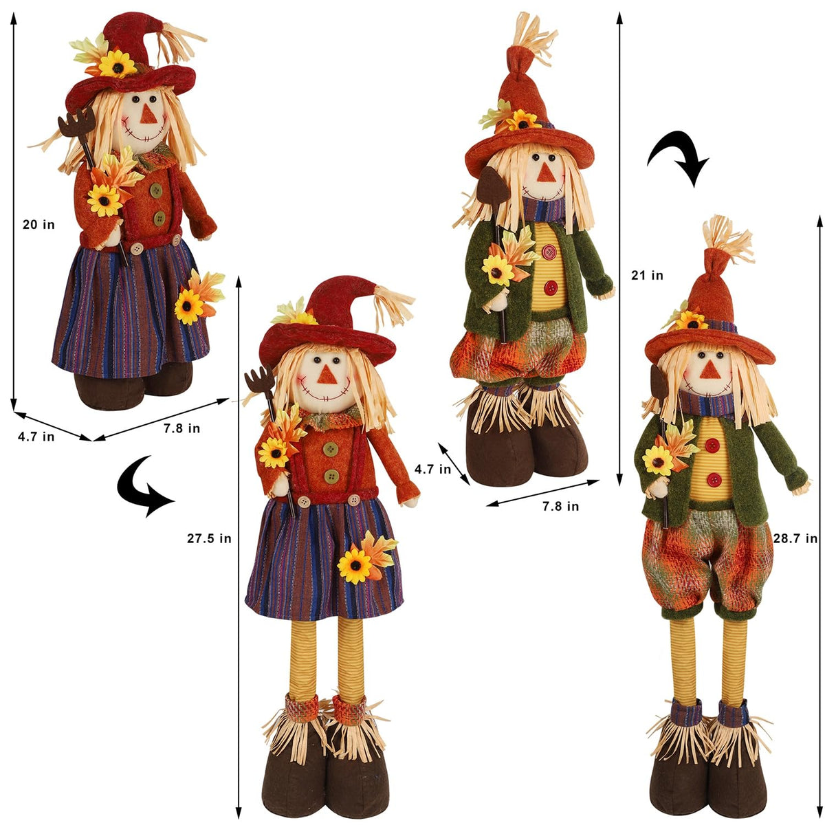 2 Pack Fall Decorations Large Scarecrows with Stretchable Legs, 28" Standing Scarecrow Thanksgiving Harvest Autumn