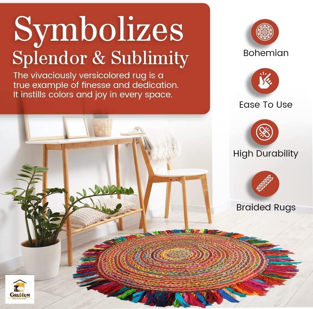 Jute Area Rug 6ft-Natural Fiber Round Cotton Fringes Handmade Boho Multicolour Soft Braided Rustic Vintage for Indoor
