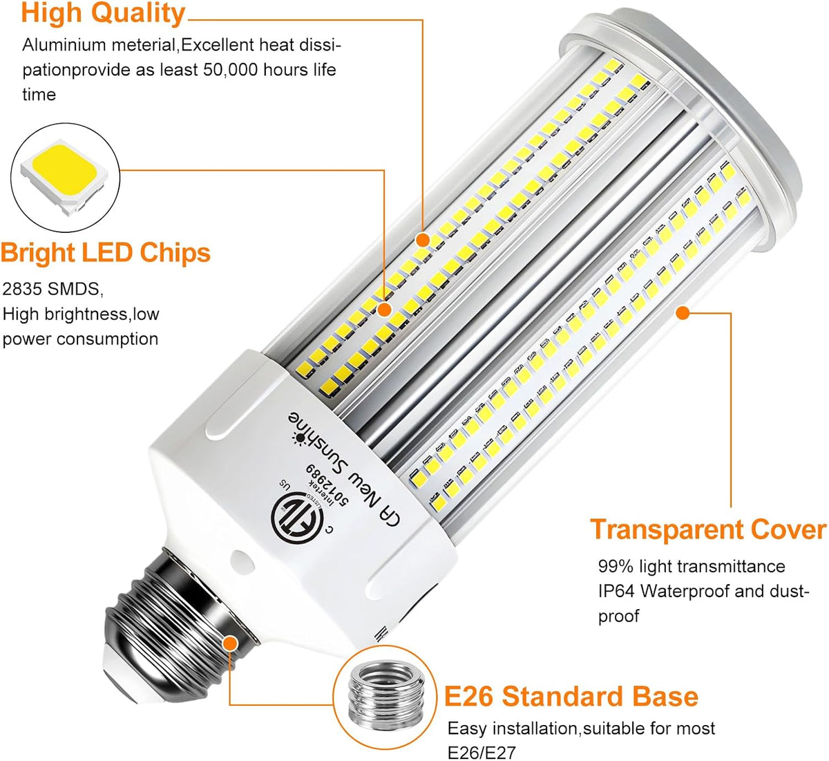2 Pack 600W Equivalent LED Corn Light Bulb 9000 Lumen 5000K 60W Large Area Daylight White E26/E27 Medium Base