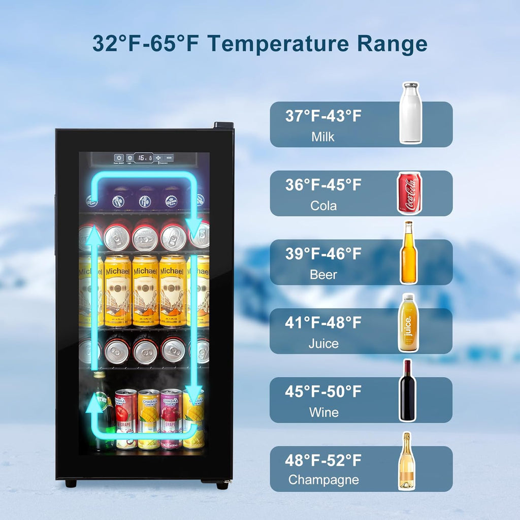 Beverage Refrigerator 180 Can, Black Beer Fridge with Glass Door, 3.2 Cu Ft Mini Fridge for Drinks