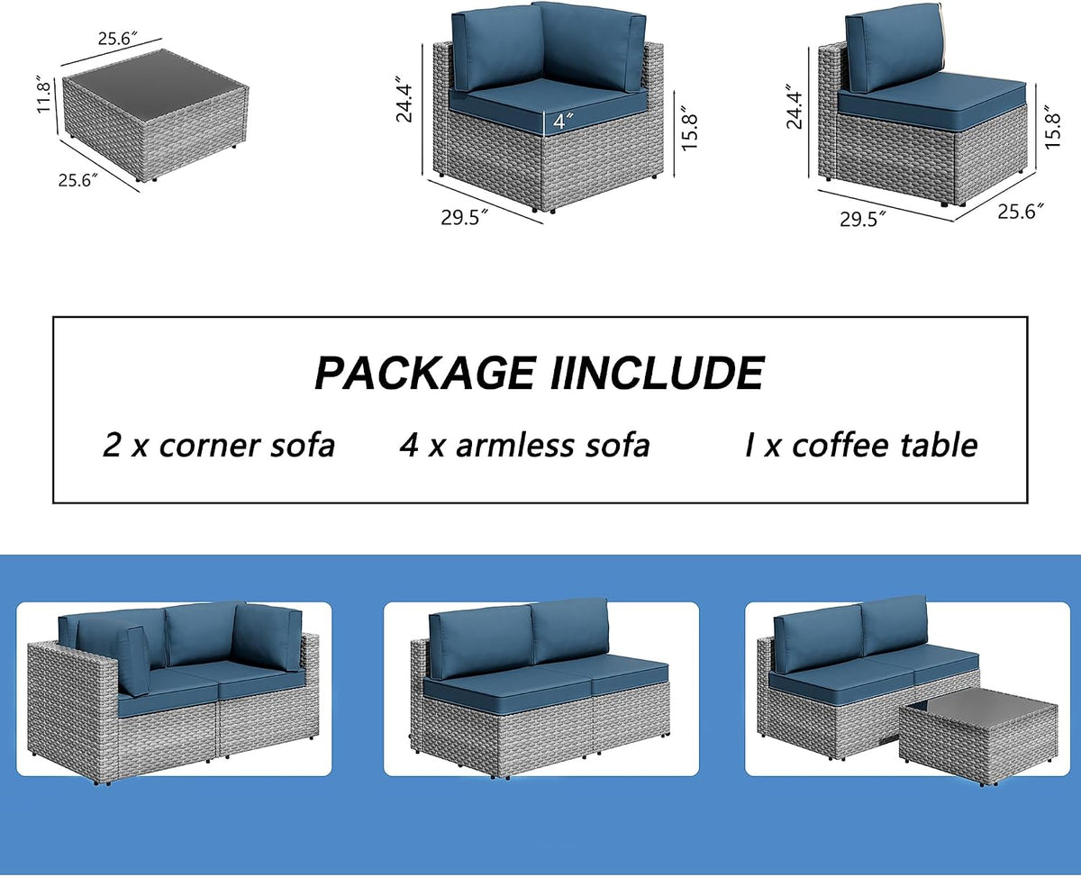 7 Pieces Outdoor Patio Furniture Sets, Patio Sectional Sofa Couch, Gray PE Wicker Furniture Modular Patio