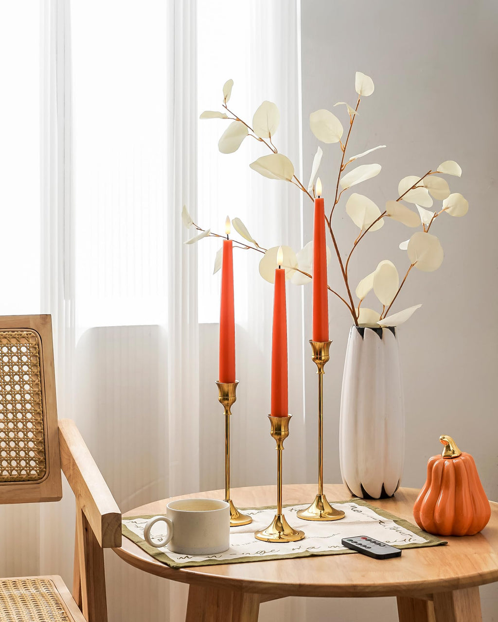Fall Decor, Orange Flameless Taper Candles with Remote and Timer, Real Wax