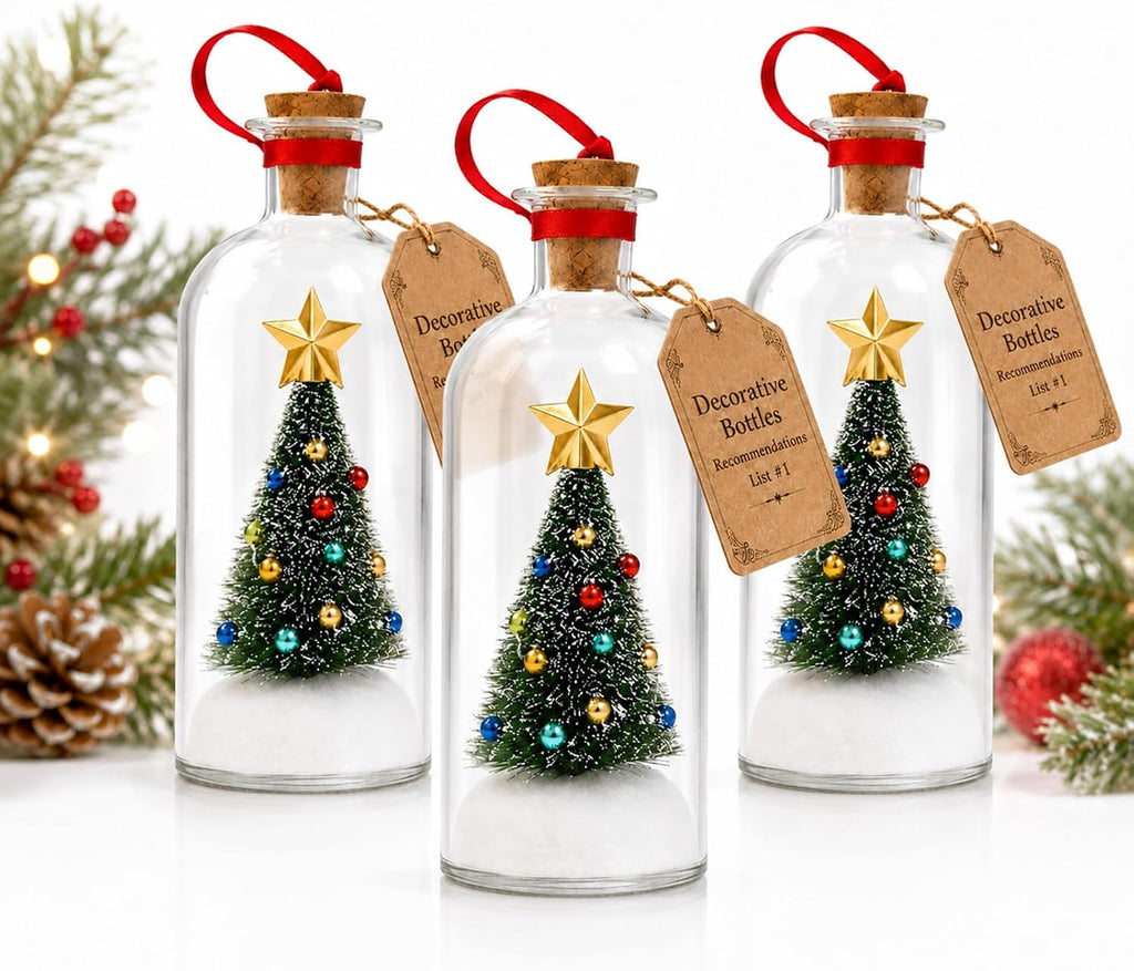 Recordable Christmas Tree in a Bottle Ornament,30-Second Voice Recording Keepsake with Snowy Mini Trees,Glass - Set of 3