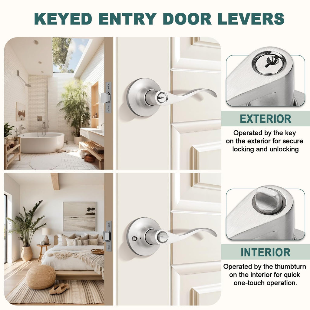 Entry Door Handles with Lock and Keys, Brushed Nickel Keyed Entry Door Lock Sets for Exterior & Interior Doors
