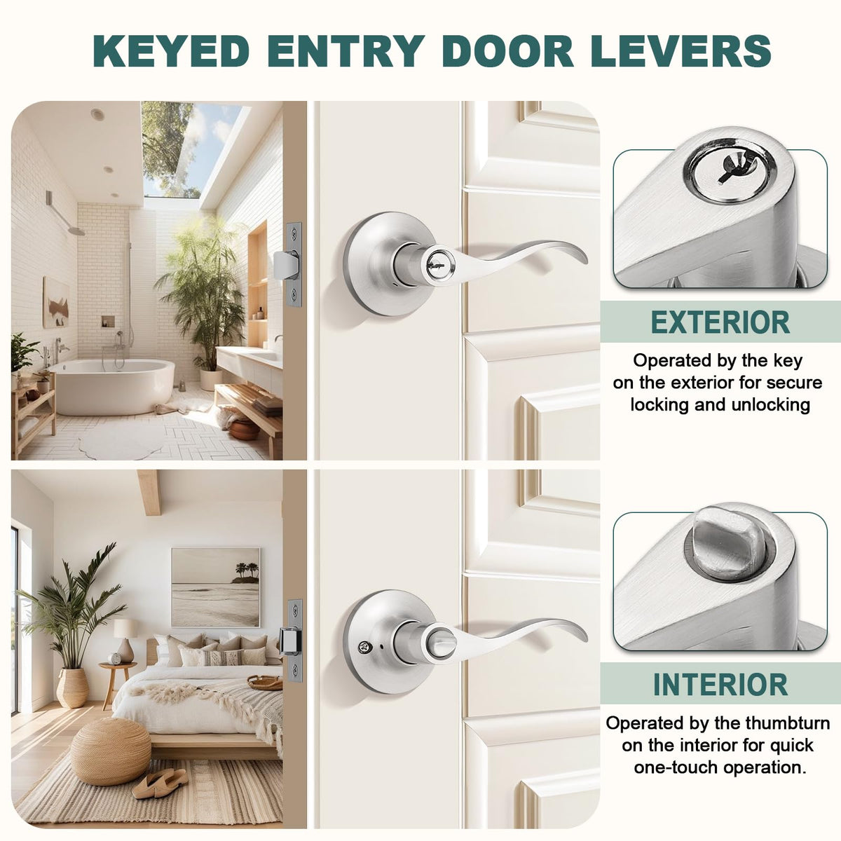Entry Door Handles with Lock and Keys, Brushed Nickel Keyed Entry Door Lock Sets for Exterior & Interior Doors