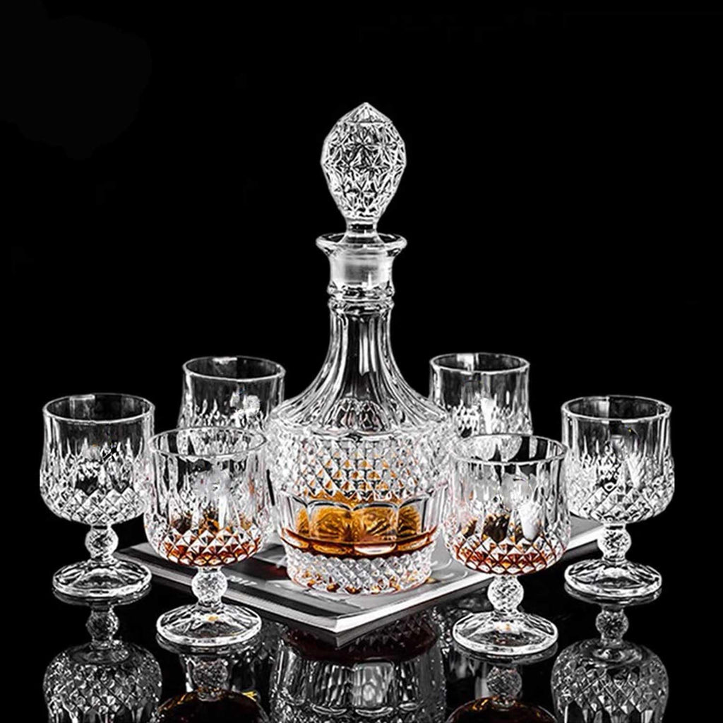 Bourbon Clear Whiskey Decanter,Hand painted Liquor Decanter Glasses Set, Crystal Design Decanter and 6 - Set of 168