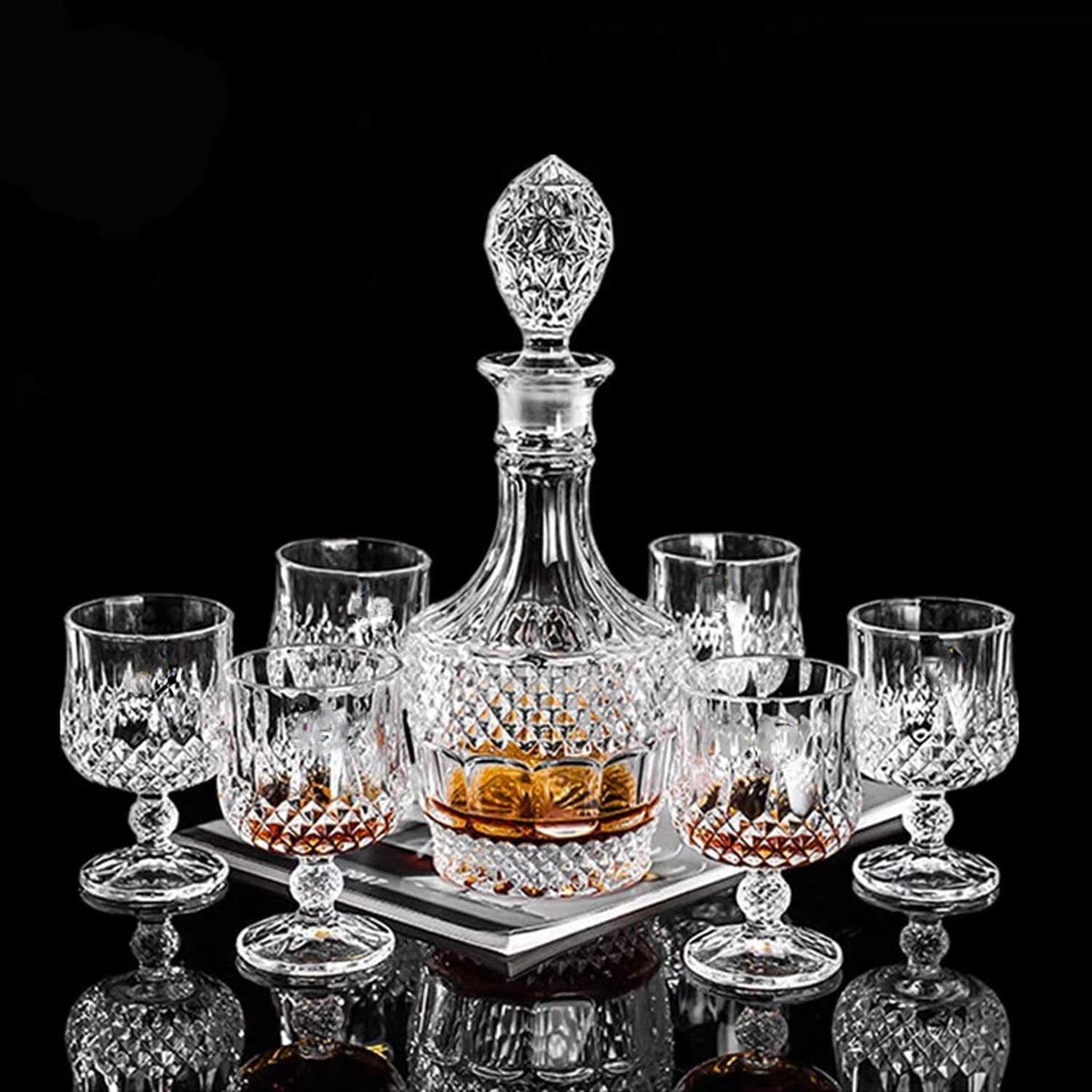 Bourbon Clear Whiskey Decanter,Hand painted Liquor Decanter Glasses Set, Crystal Design Decanter and 6 - Set of 168