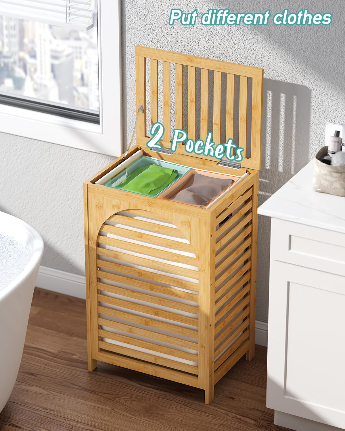 Hamper, 22.5 Gallon (85L) Bamboo Wood Clothes Laundry Basket with Lid and Handles, Removable Liner (Natural, Large)