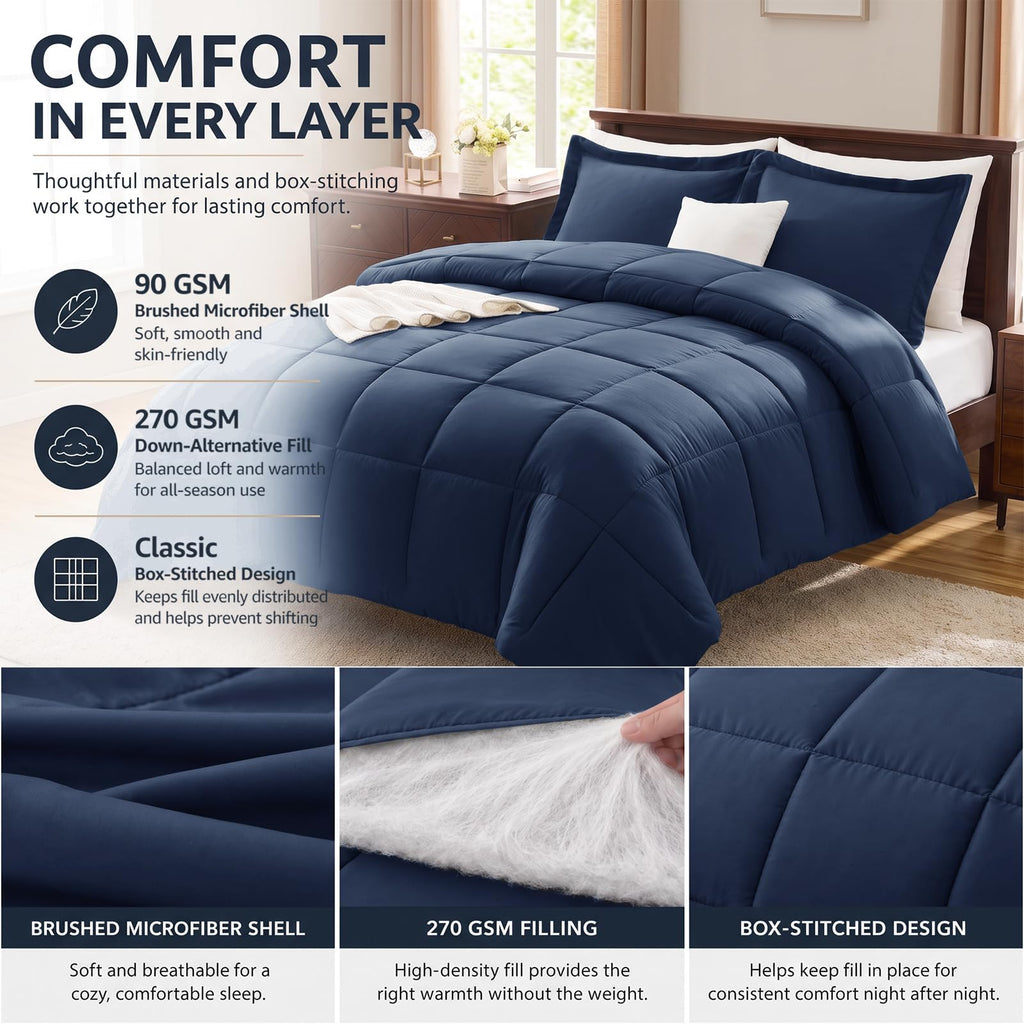 Comforter Set, 3-Piece Box-Stitched, Navy Blue