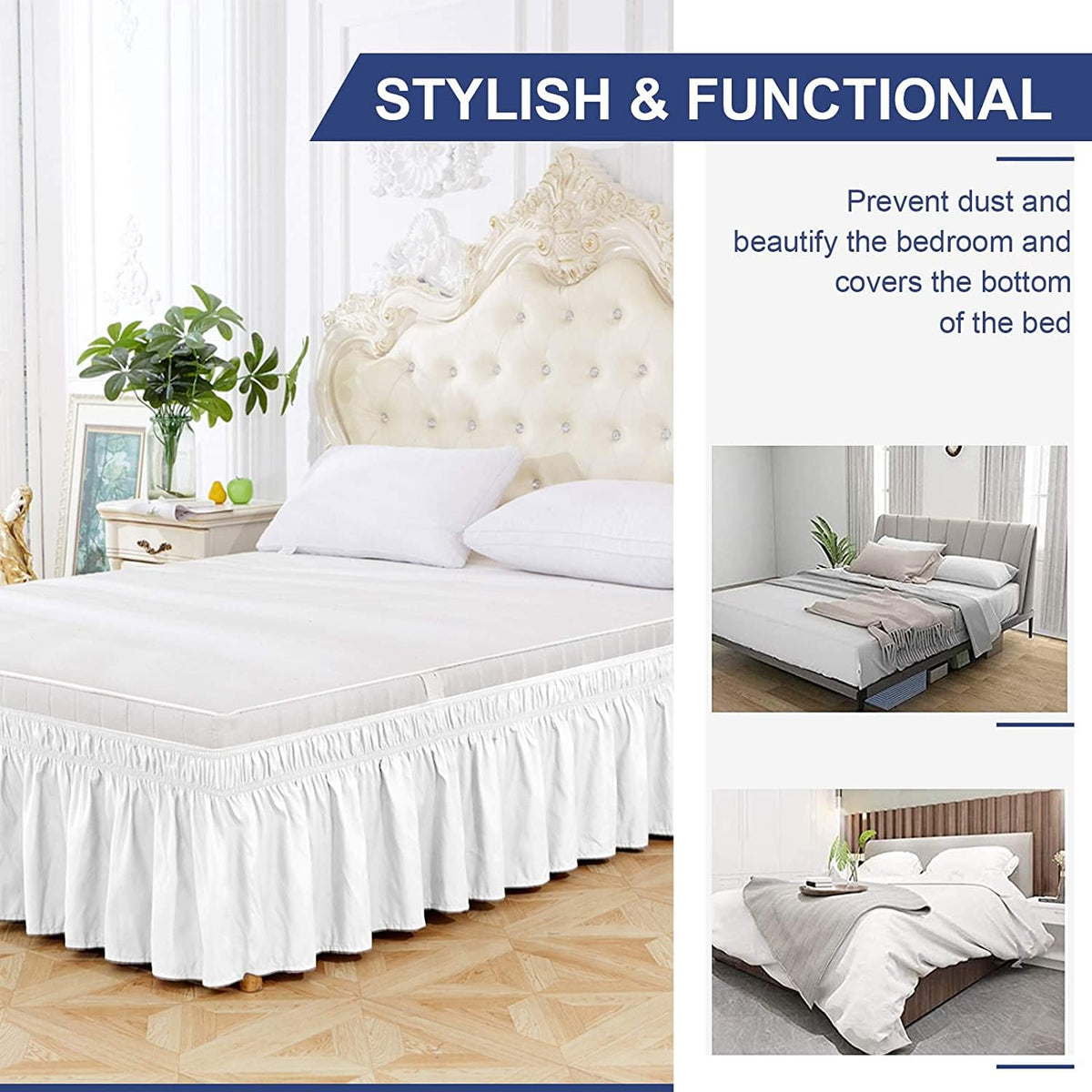 600 TC Cotton Wrap Around Bed Skirt for XL Size Bed 22 Inch Drop & Adjustable Three Fabric Sides Elastic Belts
