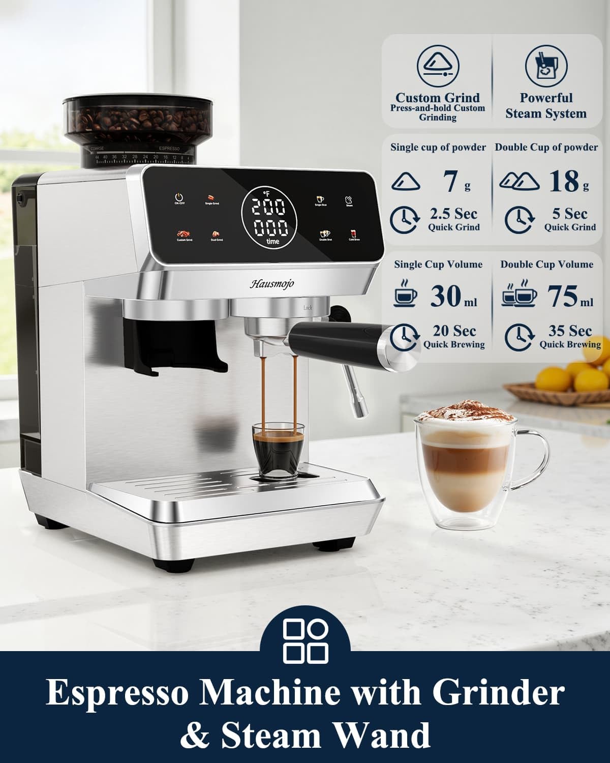 Espresso Machine with Built-in Burr Grinder, 44 Grind Settings & Steam Wand