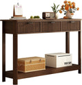 Fluted Wood Console Table with 3 Drawers, Boho Narrow Behind Couch Entryway Table with Open Storage Shelf, Modern