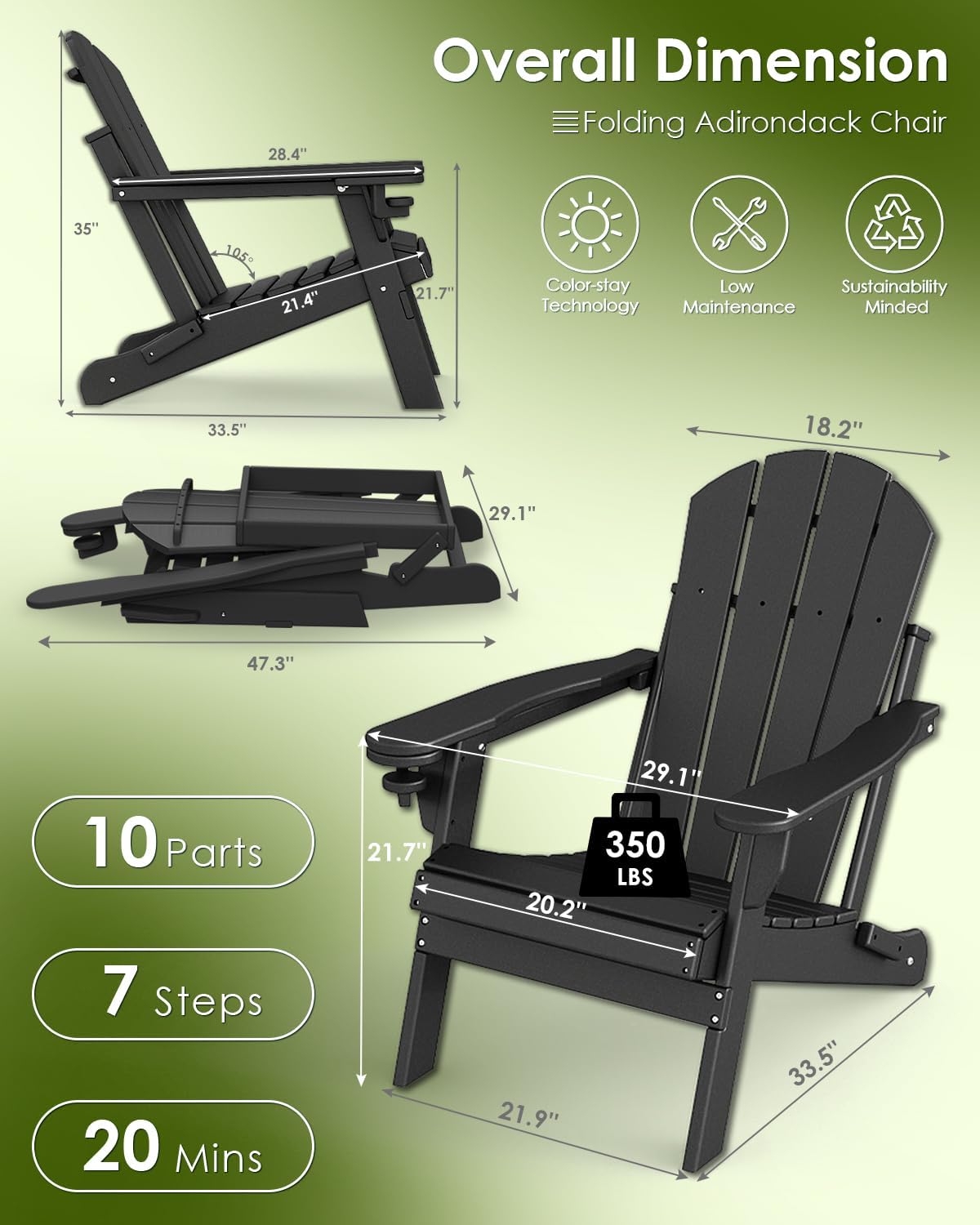 Folding-Adirondack-Chairs Set of 2, HDPE All Weather, Black | Hidden Cup Holder | 5" Wide Armrests | Foldable Fire