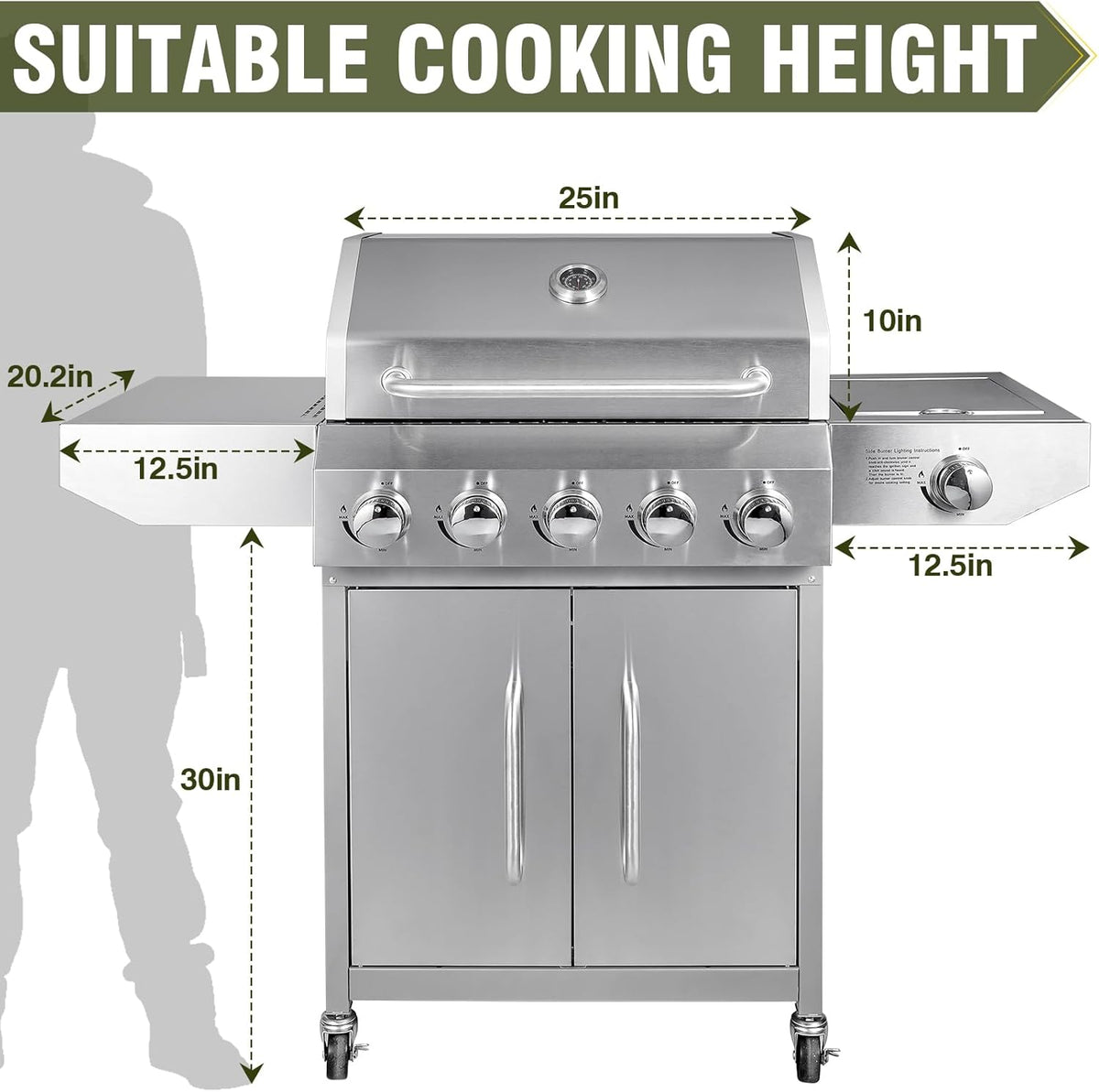 5+1 Burner Propane Gas Grill, 68,000 BTU Stainless Steel BBQ with Cast Iron Grates, Side Burner, 647 Sq. In. Cooking Area and Oil-Drain Plates for Outdoor Cooking