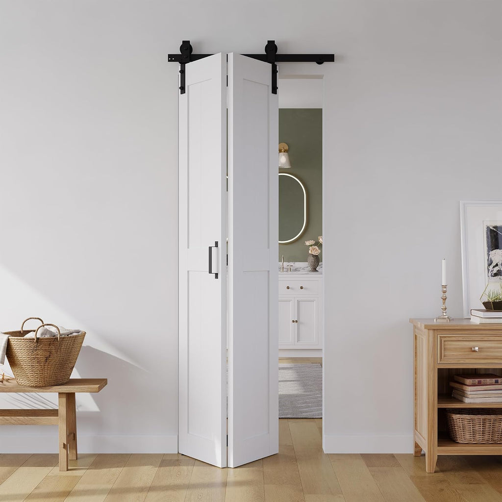 Bifold Barn Door 30" x 84", MDF Bi-Fold Sliding Closet Doors with Hardware Kit Included, Pre-Finished Easy Assembly, Water-Proof PVC Surface & Save Space, H-Frame, 34" Track for 2 Doors,White