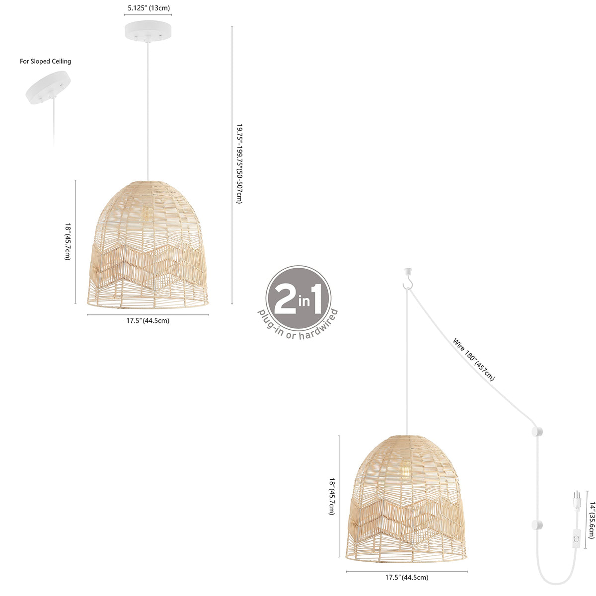 Sofia 17.5" Rattan 1-Light Pendant Swag Lamp, Light Brown