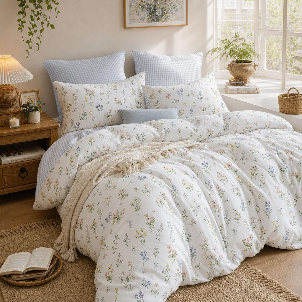Floral Comforter Set Reversible Blue Gingham Bedding