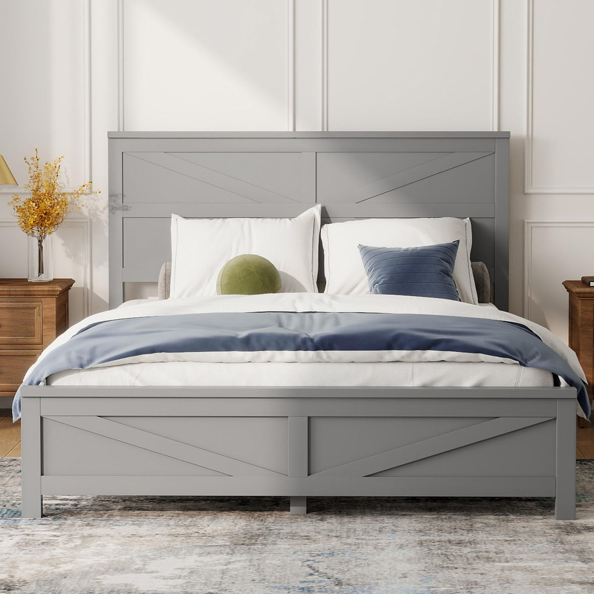 Rustic Platform Bed Frame with Barn Door Design Headboard and Footboard, Pine Wood Bed with Wooden Slats