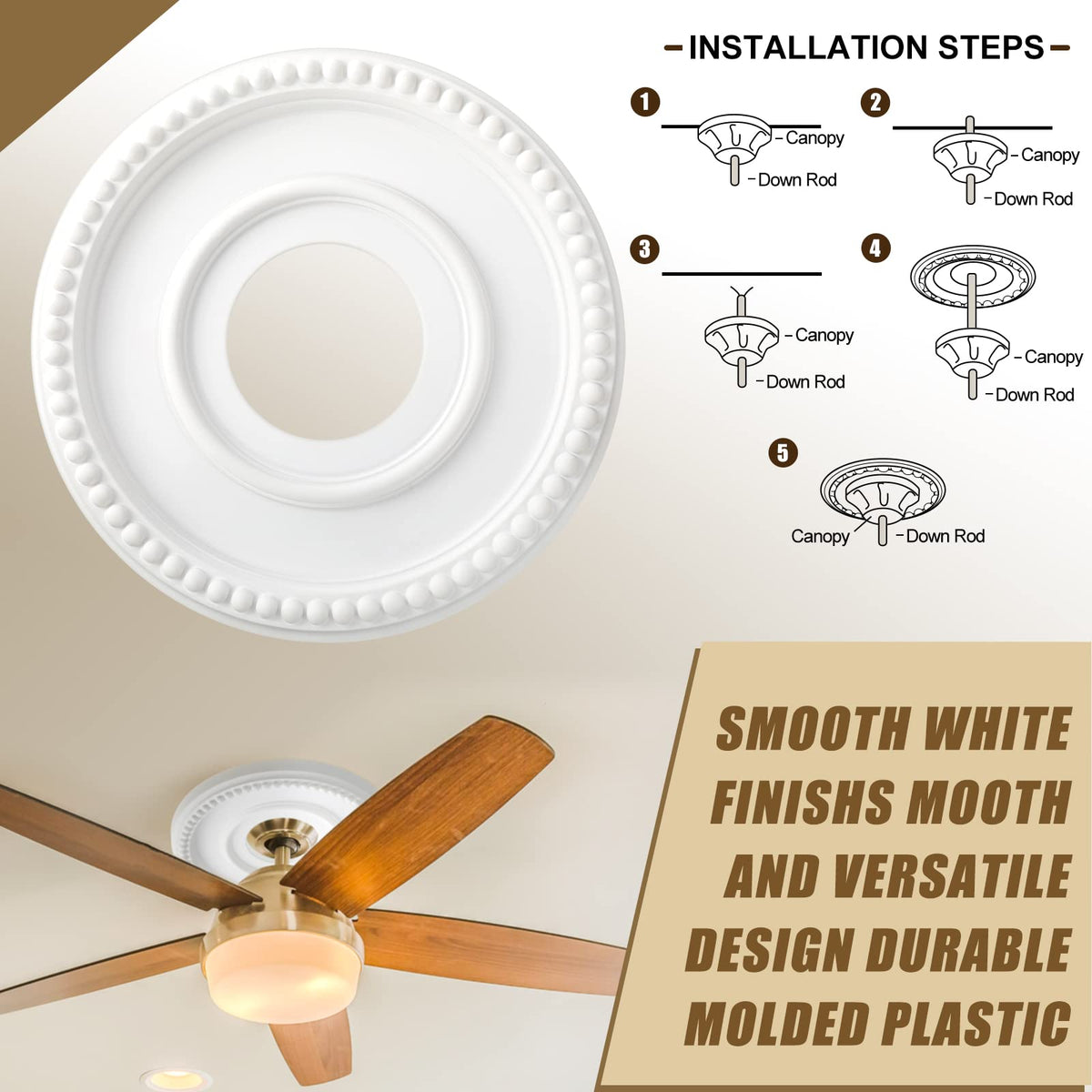 2 Pieces Ceiling Medallion Ceiling Fan Light Covers 12 1/2 OD x 3 7/8 ID x 3/4 P Smooth Ceiling Medallions for Light