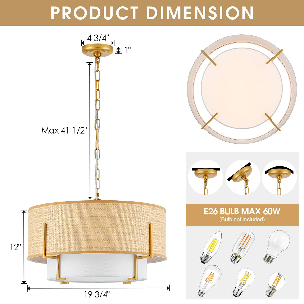 Boho Rattan Chandelier 19.8'' Farmhouse Drum Chandelier with Fabric Shade, 4-Light Rattan Light Fixture Rustic
