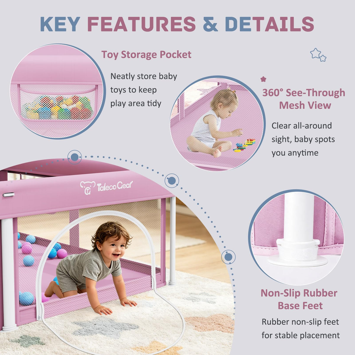 Foldable Baby Playpen with Mat, 50"×71" F oldable P laypen for Babies and Toddlers, Indoor & Outdoor Kids Safety Play