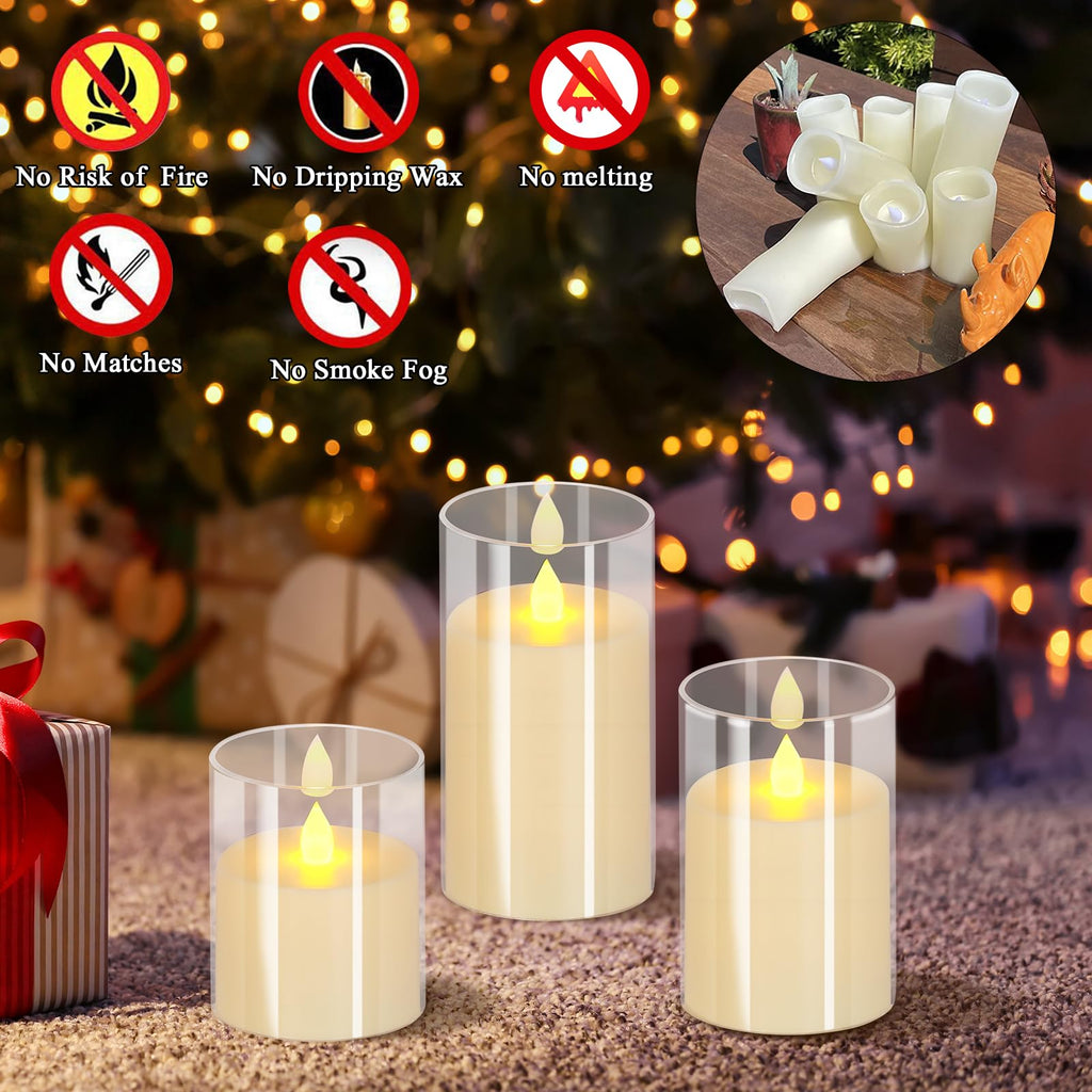 Flameless Candles 4" 5" 6" Acrylic Glass Pillars 3" Diameter Battery Operated Flickering Candles Include 8-Key Remote