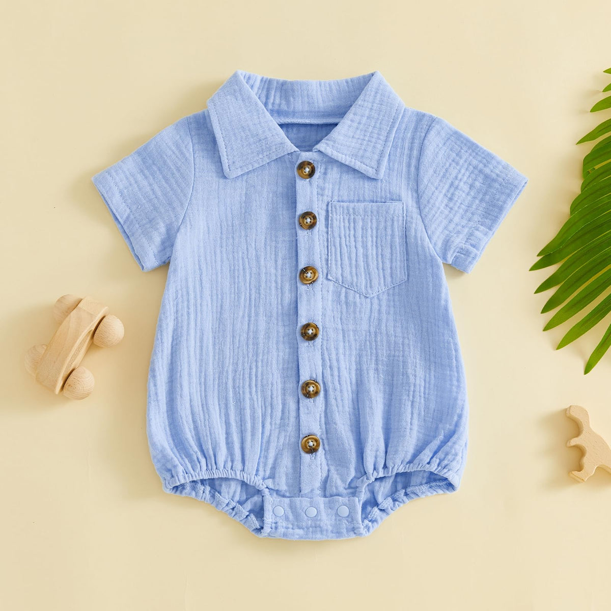 Infant Baby Boy Summer Clothes Muslin Button Up Shirt Bodysuit Short Sleeve Collared Bubble Romper One Piece Outfit