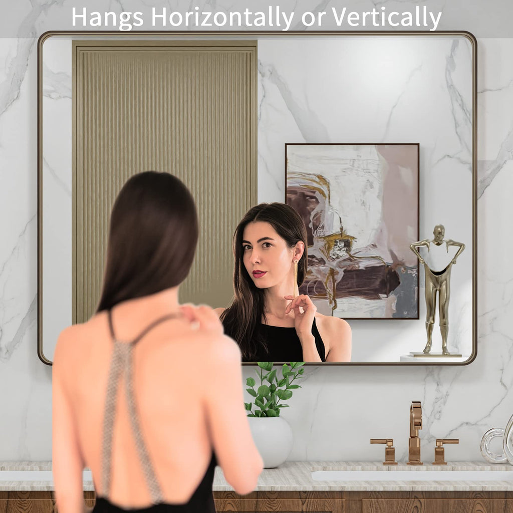 40"X30" Bronze Bathroom Mirrors for Vanity, Rounded Rectangle Brushed Bronze Metal Frame Mirror, Anti-Rust, Tempered