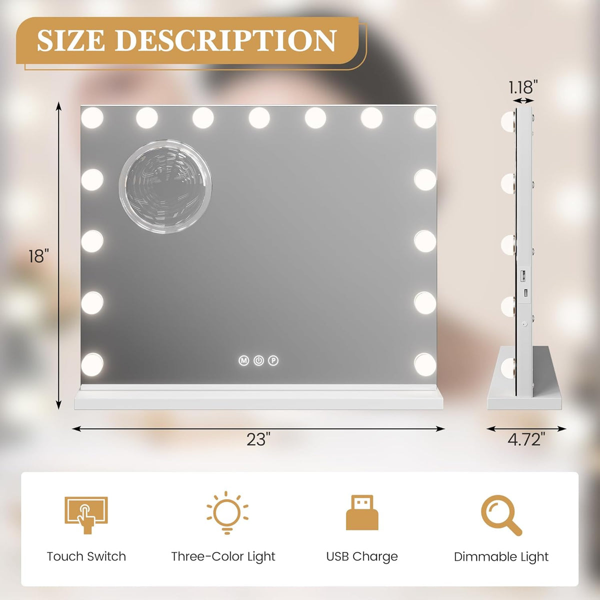 Vanity Mirror with Lights, 23" x 18" Makeup Mirror with Lights, Hollywood Lighted Vanity Mirrors with 15