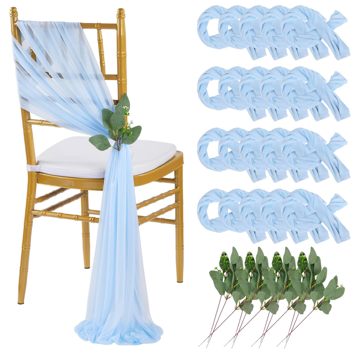 Light Blue Sashes Chair Aisle Decorations: 24 Pack Baby Shower Chair Cover 8FT Long Tulle Draping Fabric Wedding