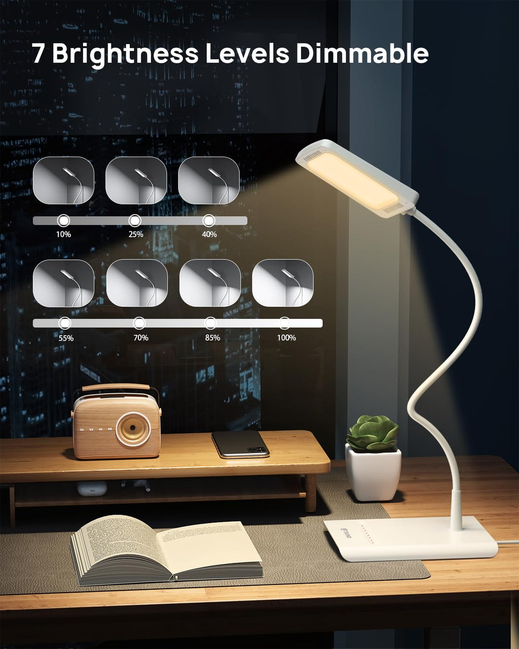 Desk Lamp, Dimmable Eye-Caring Table Lamp, Memory Function, White