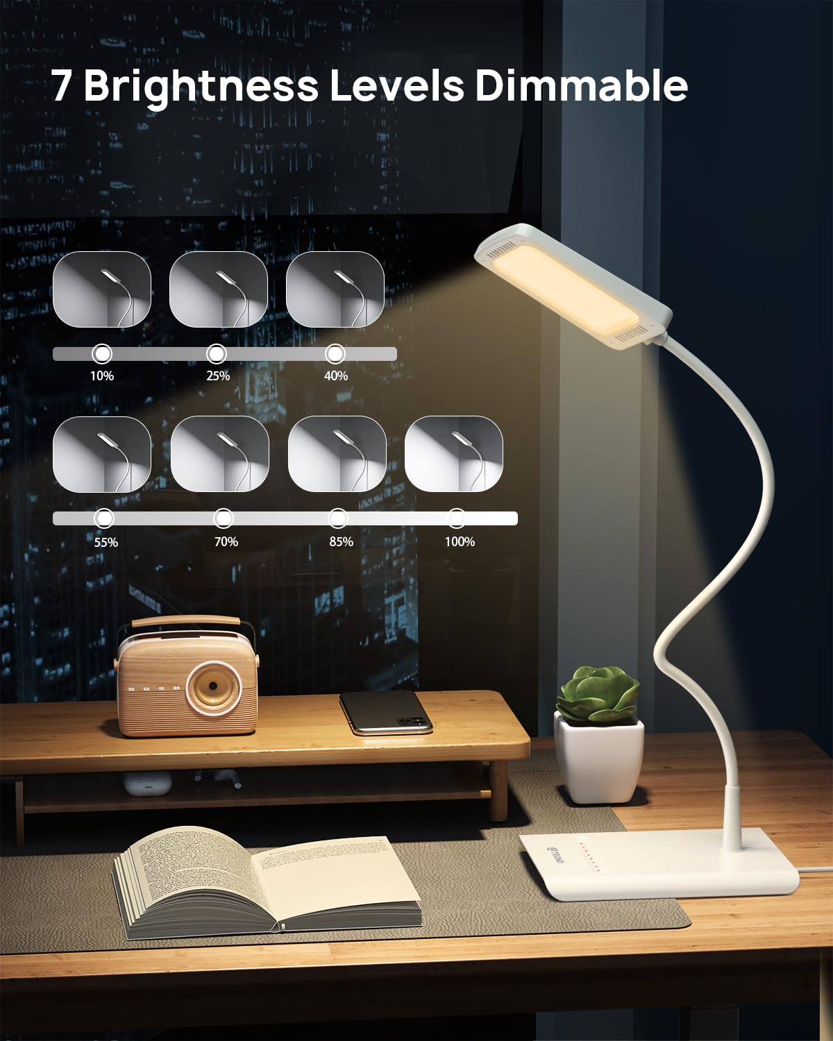 Desk Lamp, Dimmable Eye-Caring Table Lamp, Memory Function, White