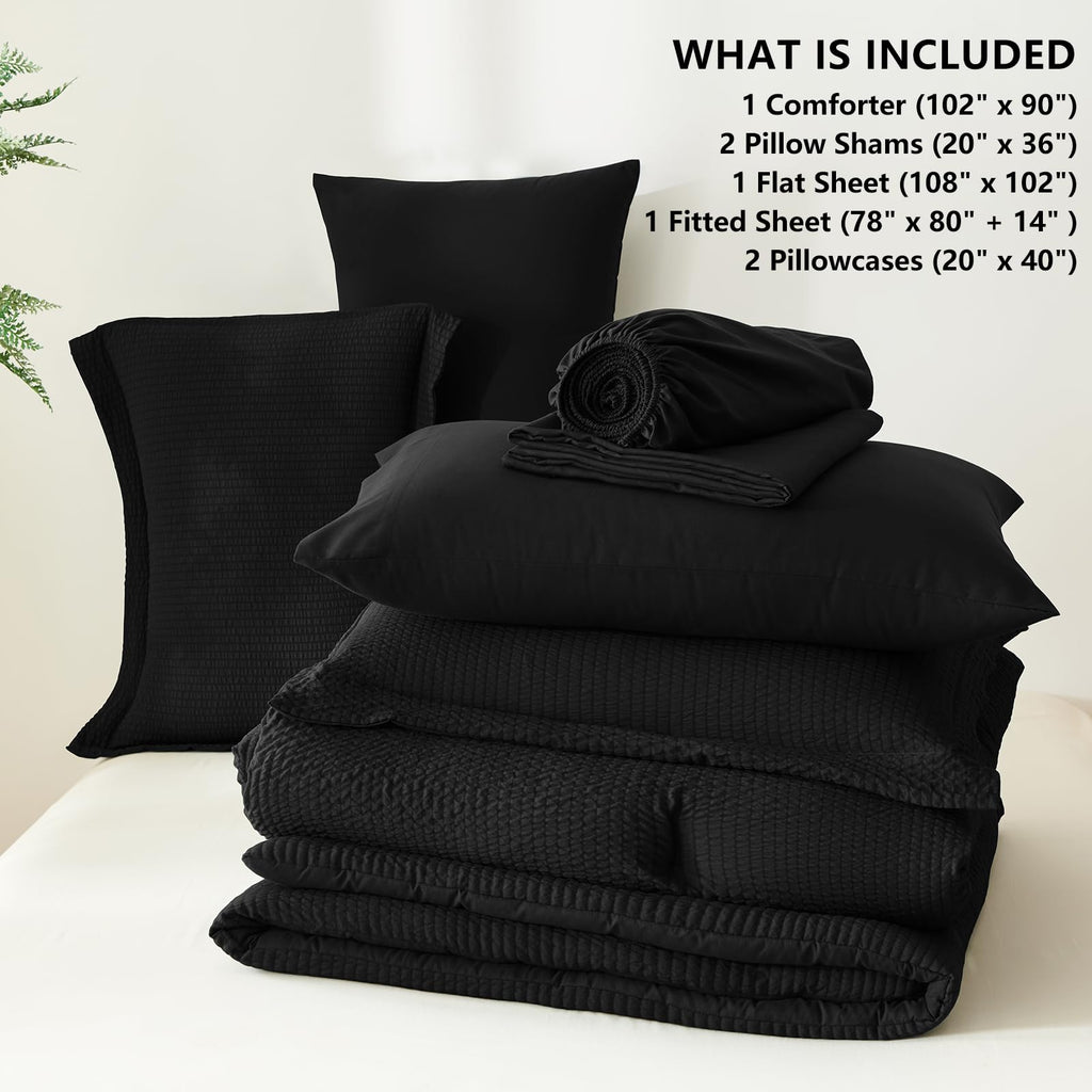 King Size Comforter Set Black - 7 Pieces Striped Seersucker Bed in a Bag, Soft Lightweight Boho Bedding Set with All