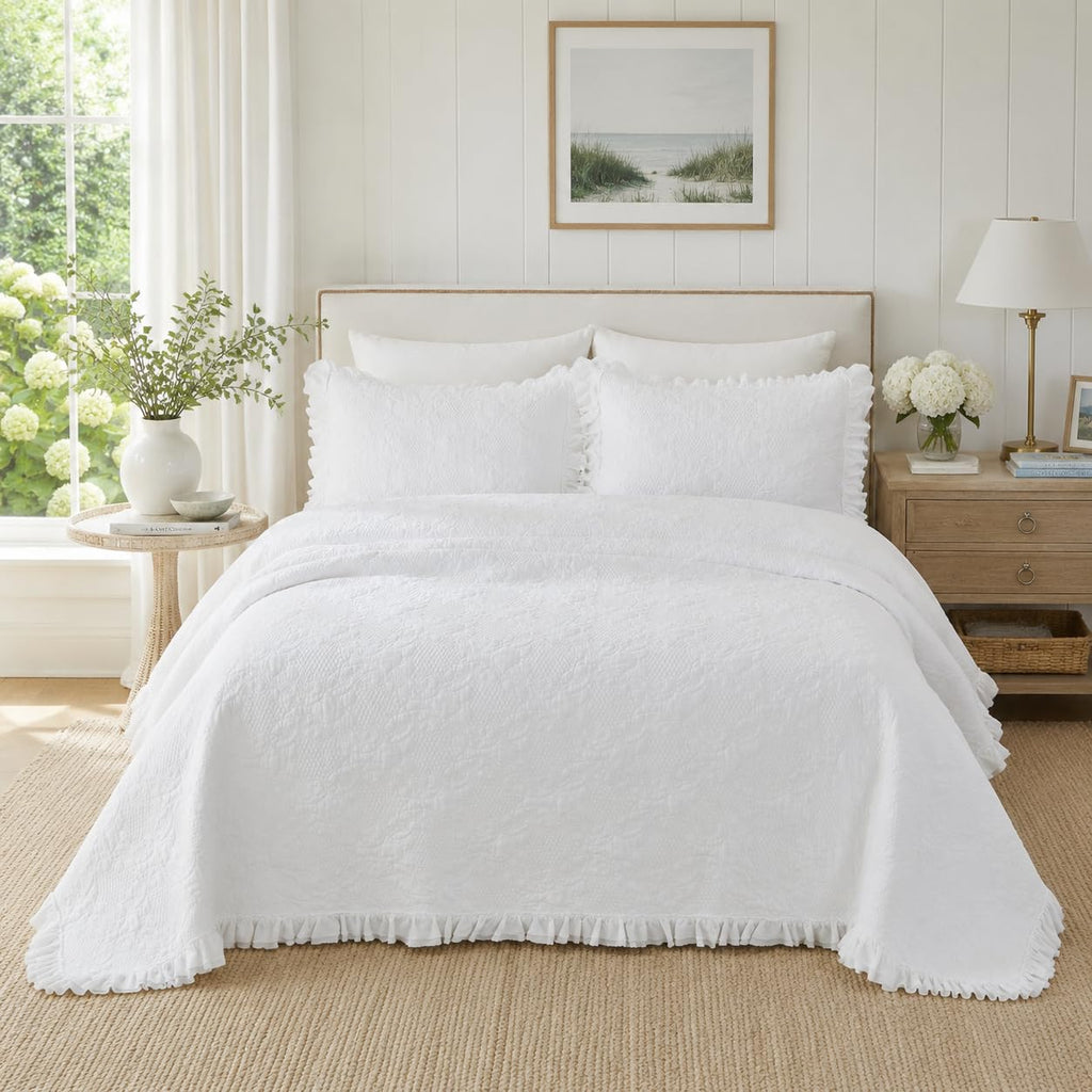 White Quilt Set Cotton Paisley Stitched Matelasse Coverlet