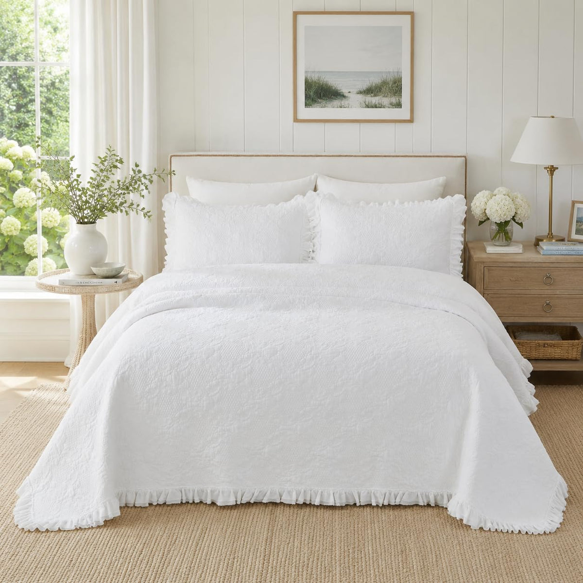 White Quilt Set Cotton Paisley Stitched Matelasse Coverlet