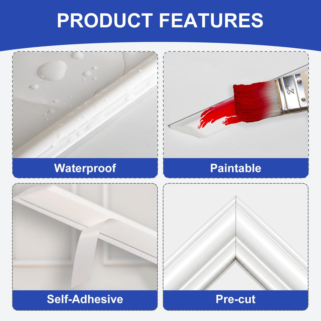 Peel and Stick Wall Molding Kit, 6-Frame Pre-Cut Wainscoting Panels, Ready-to-Assemble Self Adhesive Wall Moulding