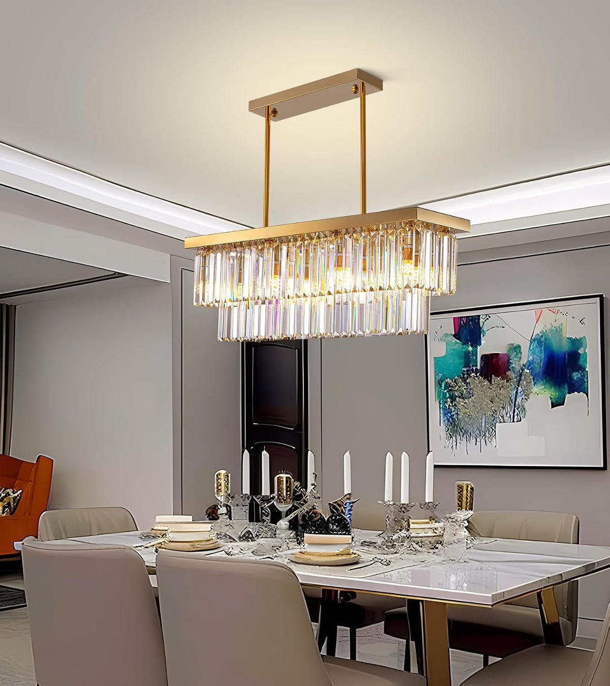 8-Light Gold Rectangular Raindrop Crystal Chandelier, Linear Light for Dining