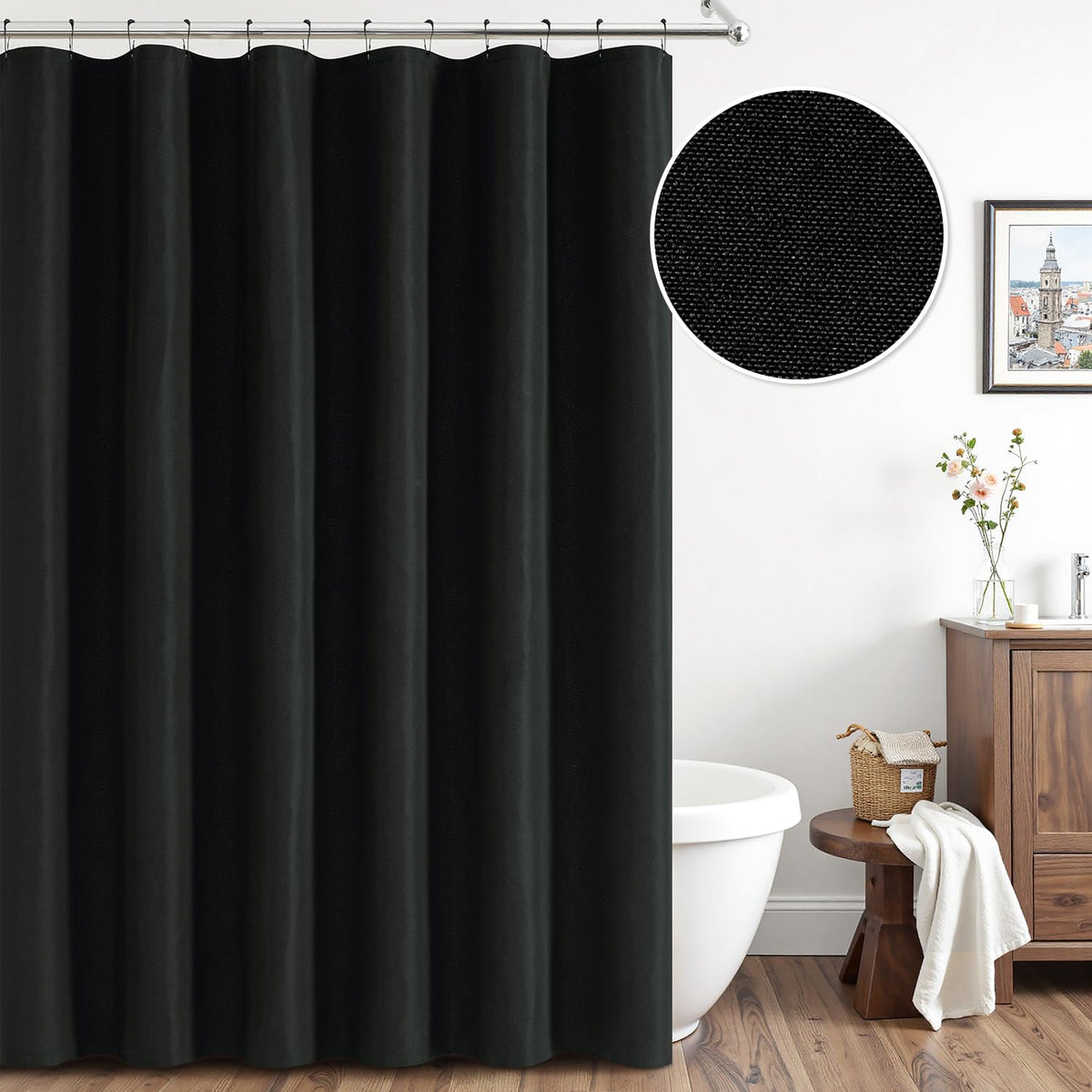 Black Extra Long Linen Fabric Shower Curtain Set - W72xL108