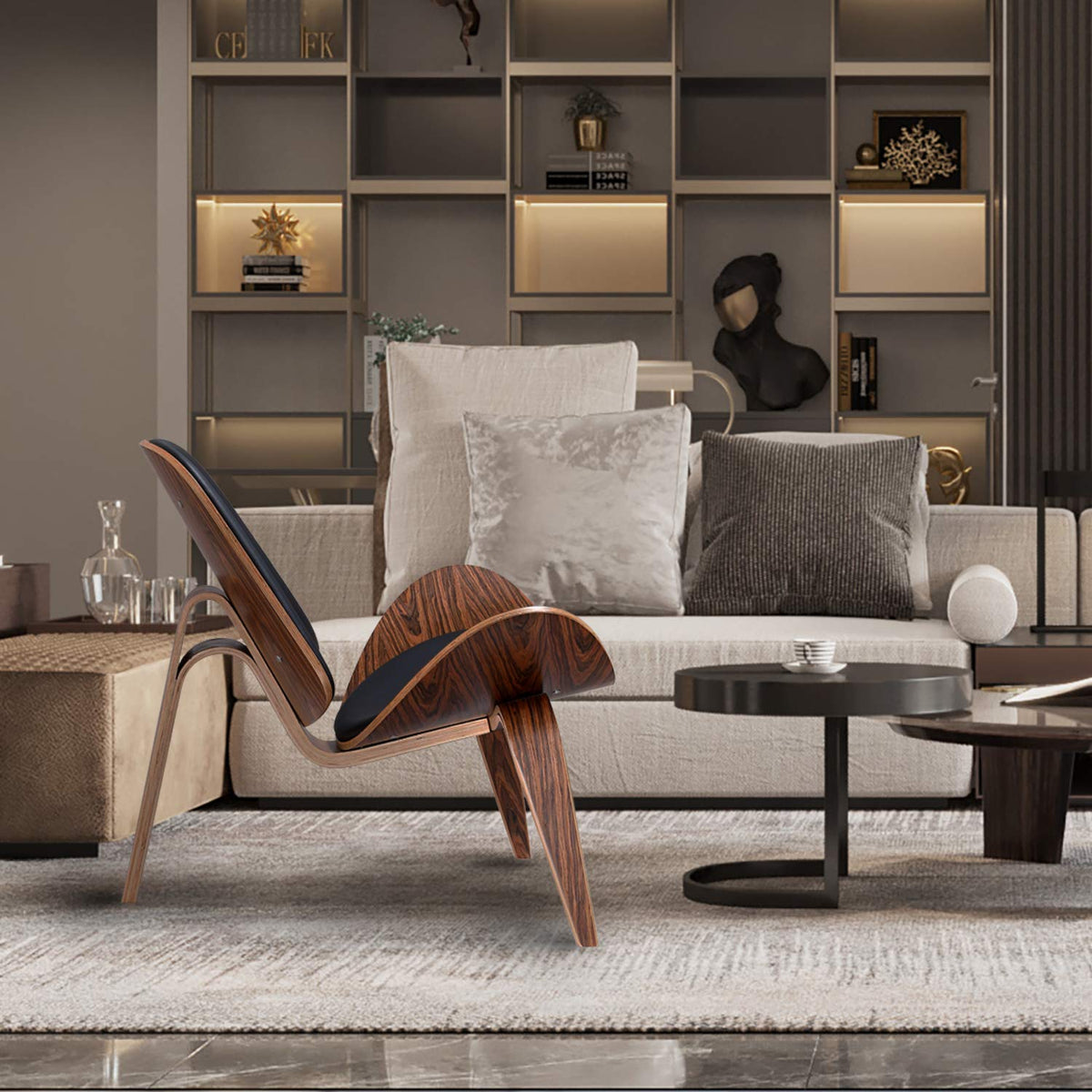 Inspired Eames Style Mid Century Modern Shell Lounge Chair, PU Leather, Tripod Plywood Solid Wood Accent Chairs, Reading