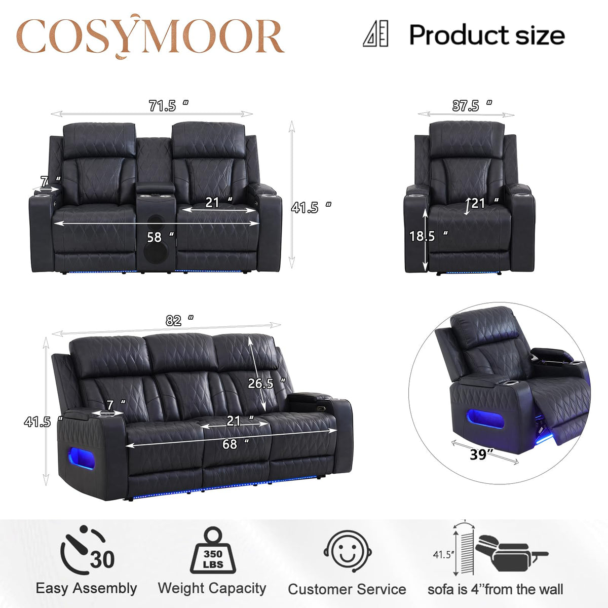 Power Recliner Sofa Set with Bass Speakers, Leather Power Reclining Sectional Couches, Multifunction Home Theater