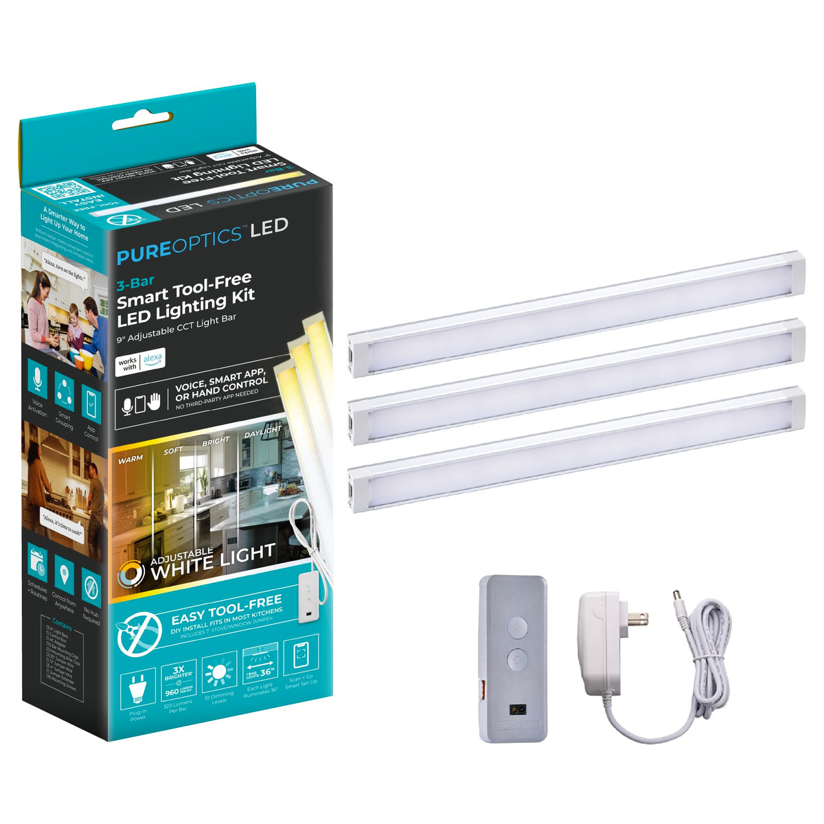 BLACK+DECKER Works with Alexa Smart Under Cabinet Lighting Kit, Adjustable LEDs, (3) 9" Bars White