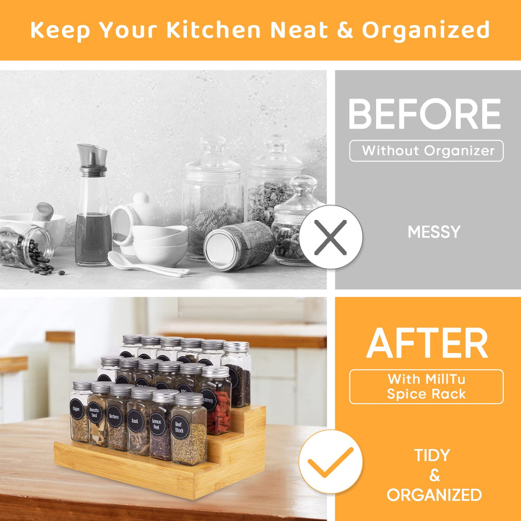 Bamboo Spice Rack Organizer for Cabinet 2 Pack - 3 Tier Countertop Step Shelf, Seasoning Storage Stand Pantry, Spice
