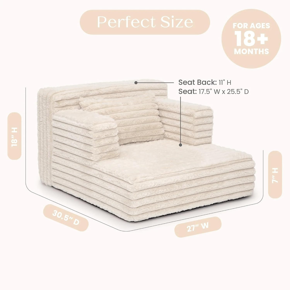 Cozee Chaise Bedtime Lounger Chair in Oatmeal Soft Comfortable Kids Toddler Bedroom Playroom Living Room Relaxation