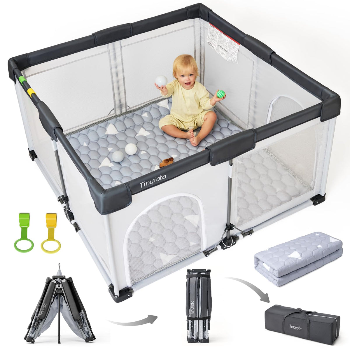 Foldable Baby Playpen, 50x50 Inch Portable Play Yard for Babies and Toddlers with Soft Breathable Mesh, Storage Bag &