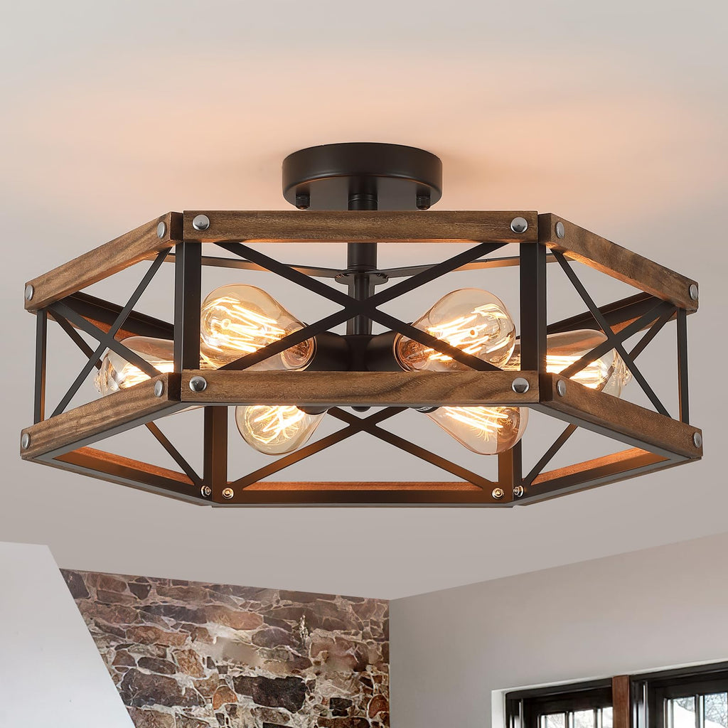 6-Light Large Rustic Farmhouse Wood Flush Mount Ceiling Light Fixture 20 inch Oak Wood and Metal Cage Semi Flush