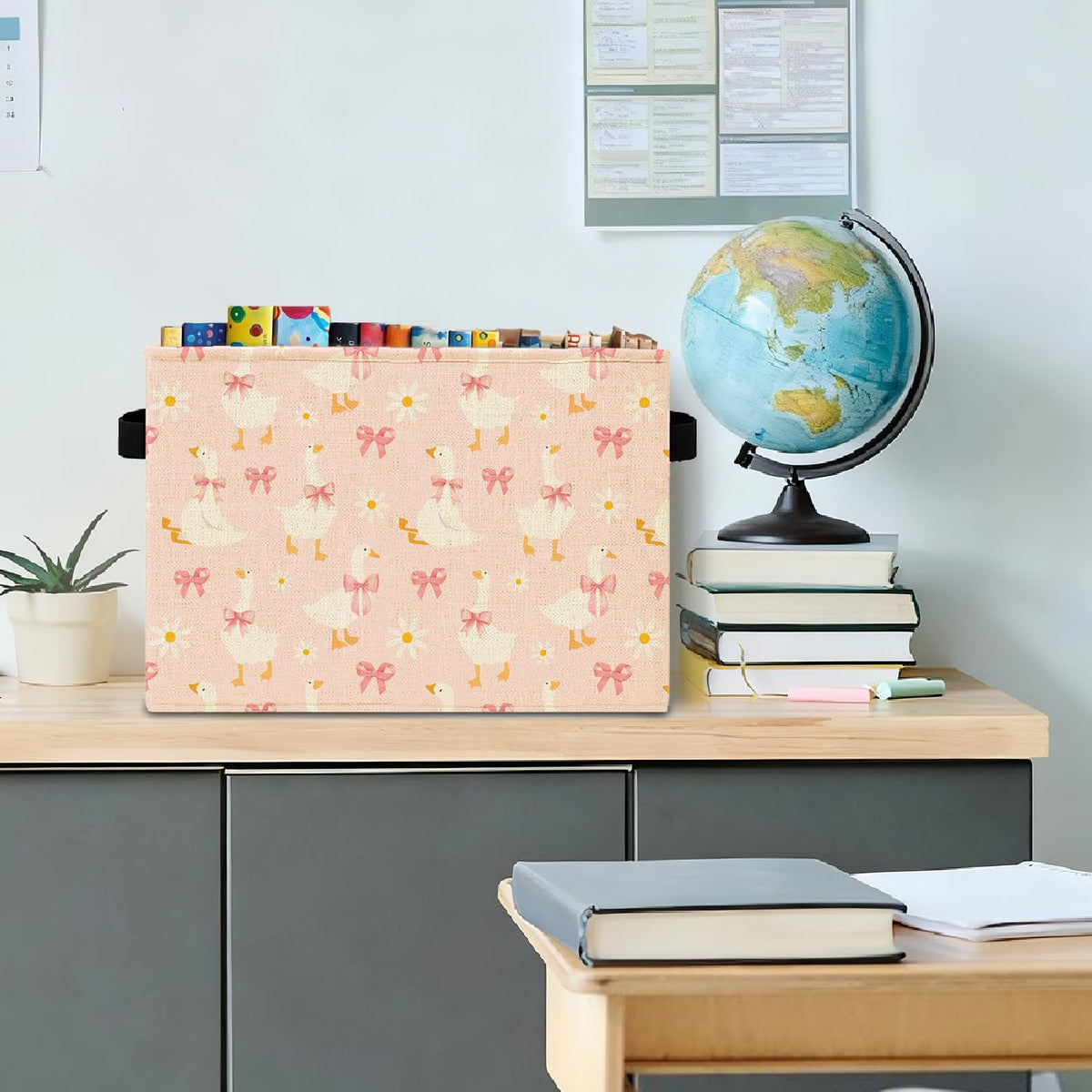 Pink Bow Floral Goose Storage Bins Box with Handles, Goose Nursery Decor, Preppy Geese Laundry Basket Hamper