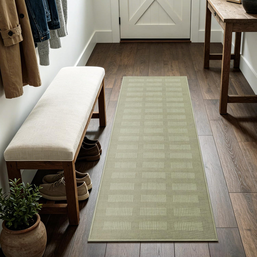 Washable Runner Rug, Neutral Taupe White Geometric Runner Rug, Stain Resistant, Non Slip Low Pile, Hallway