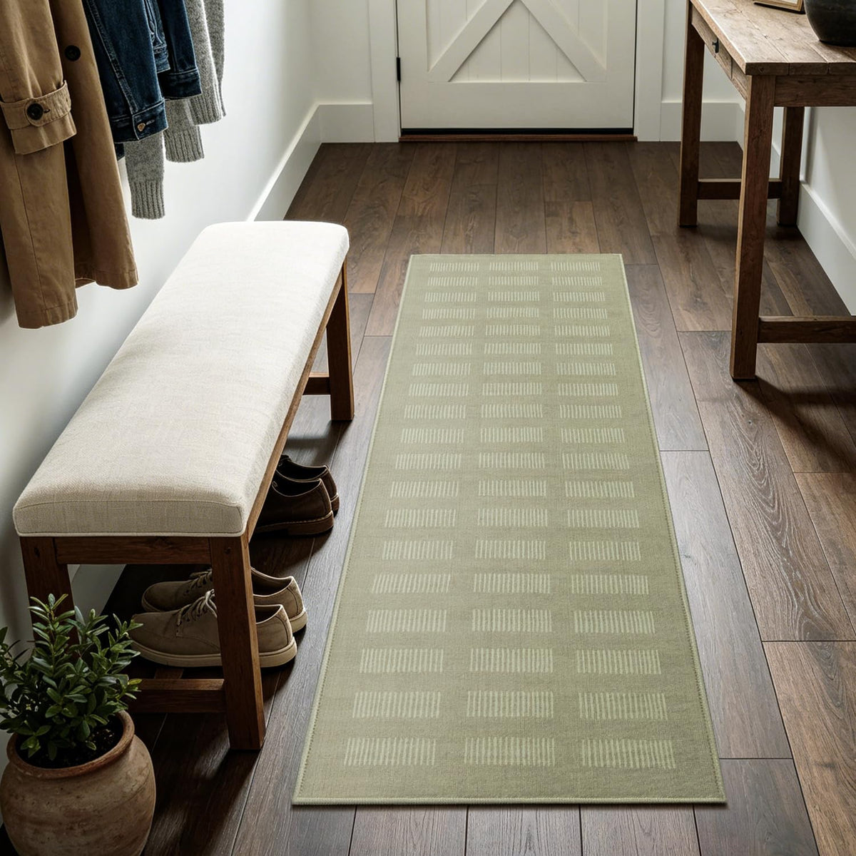 Washable Runner Rug, Neutral Taupe White Geometric Runner Rug, Stain Resistant, Non Slip Low Pile, Hallway