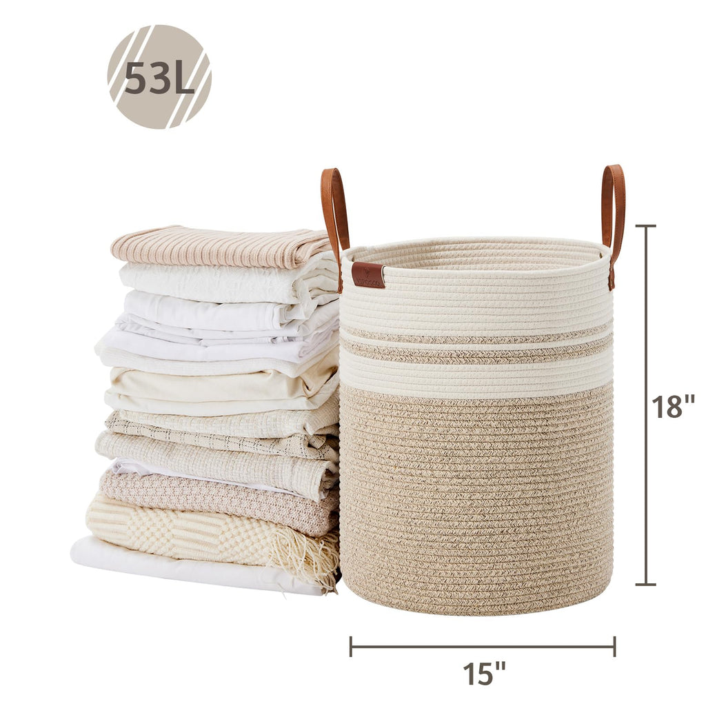 53L Tall Woven Rope Laundry Hamper, Leather Handles, Brown & White