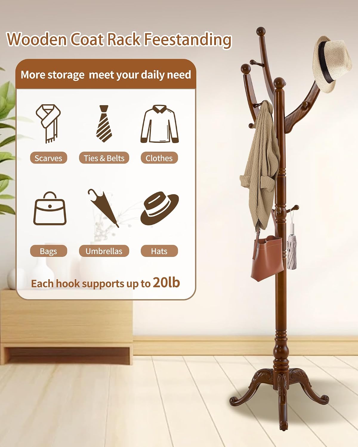 Wooden Coat Rack Freestanding, Solid Wood Coat Rack Stand with 13 Hooks, Mid-Century Modern Heavy Duty Coat